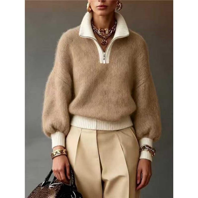 2026 Womens High Neck Zipper Sweater Loose Knit Pullover Casual Streetwear Cardigan Style