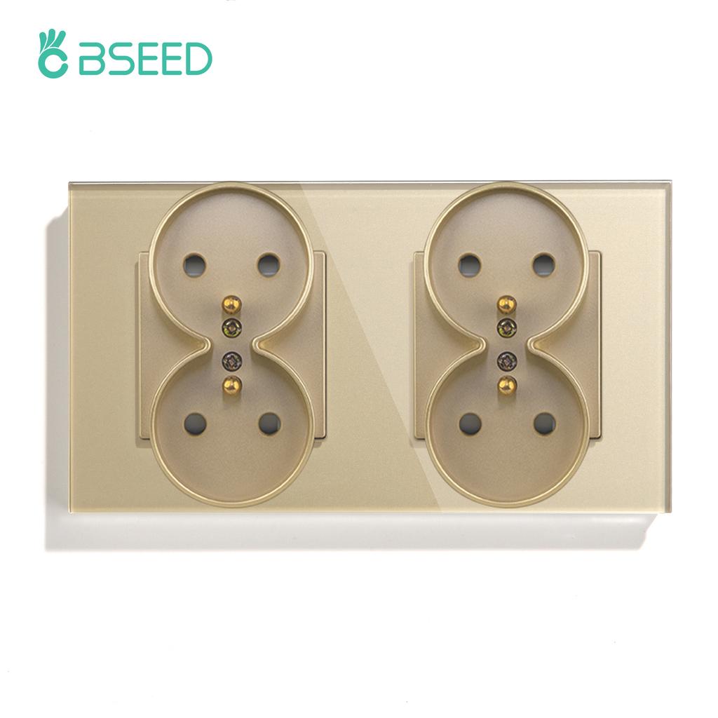 BSEED French Standard Single Wall Power Sockets Double Sockets Dual Electrical Outlets Glass Panel Children Protection 16A