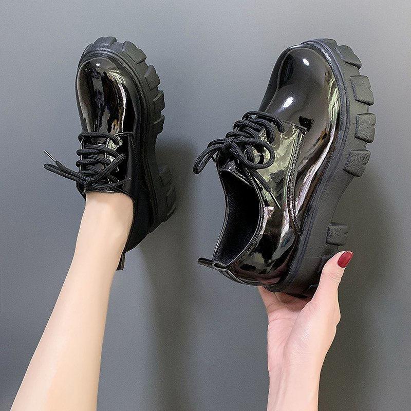 Fashion Plus Size Black Flatform Leather Loafers Women's Shoes Britchic Versatile Round Toe Loafers Lace Up Shoes