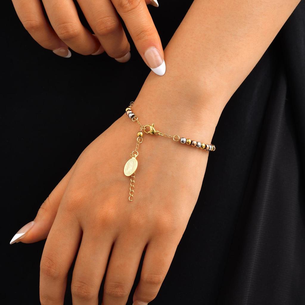 Vnox Stainless Steel Rosary Bracelet With Virgin Mary Bar, Beads Chain Cross Bracelets For Women, Prayer Faith Jewelry Gift