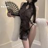 High-quality Flocking New Chinese-style Improved Cheongsam Sexy Perspective High Split Ink Style Sexy Underwear Straps