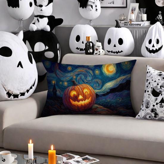 Halloween Pillow Cover Pumpkin under Starry Night Pillowcase Artistic Pillow Case for Bedroom Living Room Guest Rooms Sofa Decor