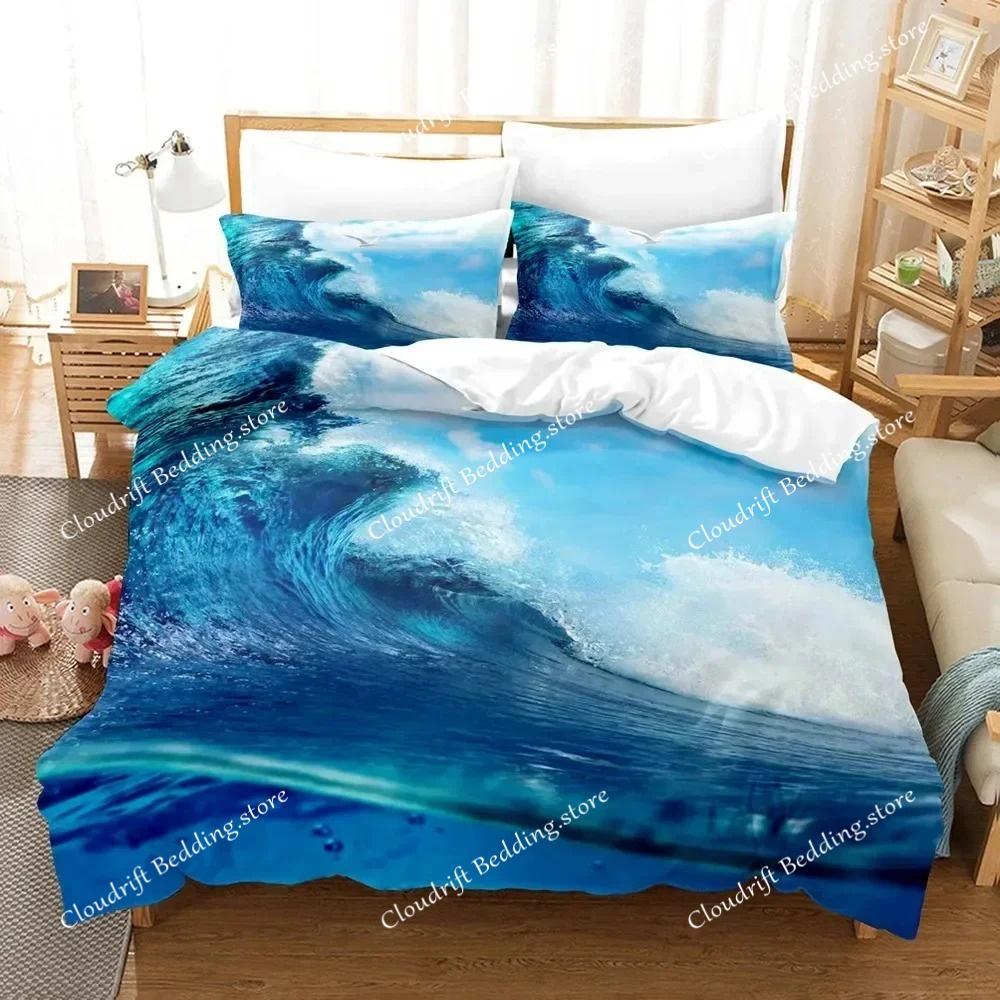 3D Landscape Duvet Cover King Full Size Summer Palm Trees Beach Sea Waves Ocean Theme for Kids Girl Boys Polyester Bedding Set