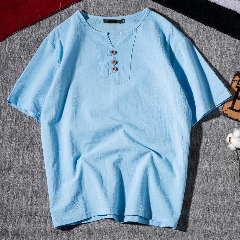 Men's Summer Breathable Beige Henley Neck Short Sleeve Shirt