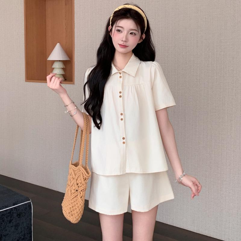 2026 Summer Petite Maternity Set: Japanese-Korean Style Doll Collar Shirt with Loose Drawstring Pants Large