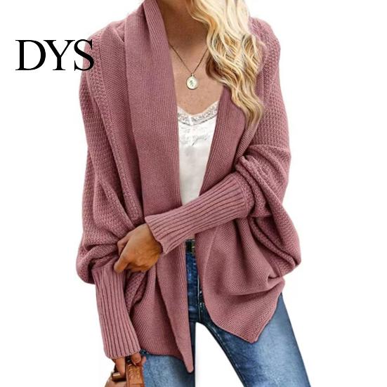 Women Cardigan Coat Collarless Batwing Long Sleeve Open Front Knitting Layering Jacket Elastic Cuffs Solid Color Loose Fit Knitted