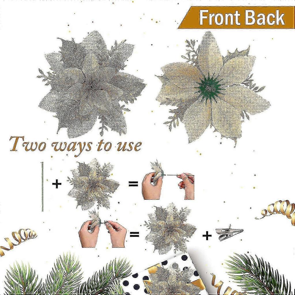 10/20pcs Christmas Flower Poinsettia Artificial Flower With Clip Christmas And Year Party Floral Decoration hwyC