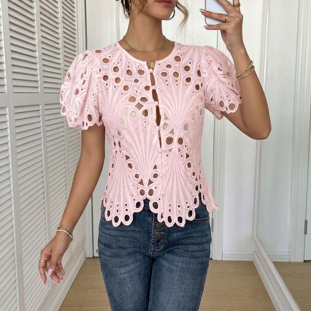 Women's Crochet Lace Short Sleeve Blouse Hollow Out Scalloped Casual Summer Top