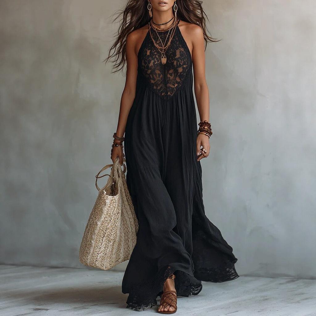 Maxi Abito da Donna con Scollo all'Americana in Pizzo e Gonna Svasata a più Livelli