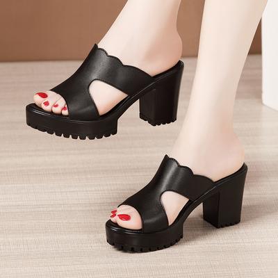 Heel Platform Slippers Ladies Wedding Shoes 2024 Summer Leather Slippers High Heel Slippers Ladies Thick Heel Soft Leather Cozy