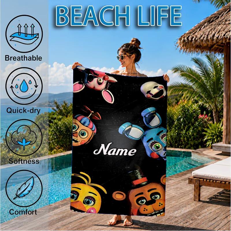 Custom Name Five Nights horror Theme Heart In Space Adventure Microfiber Beach Towel, Lightweight for Summer Travel, Swimming Pool Fan Gift