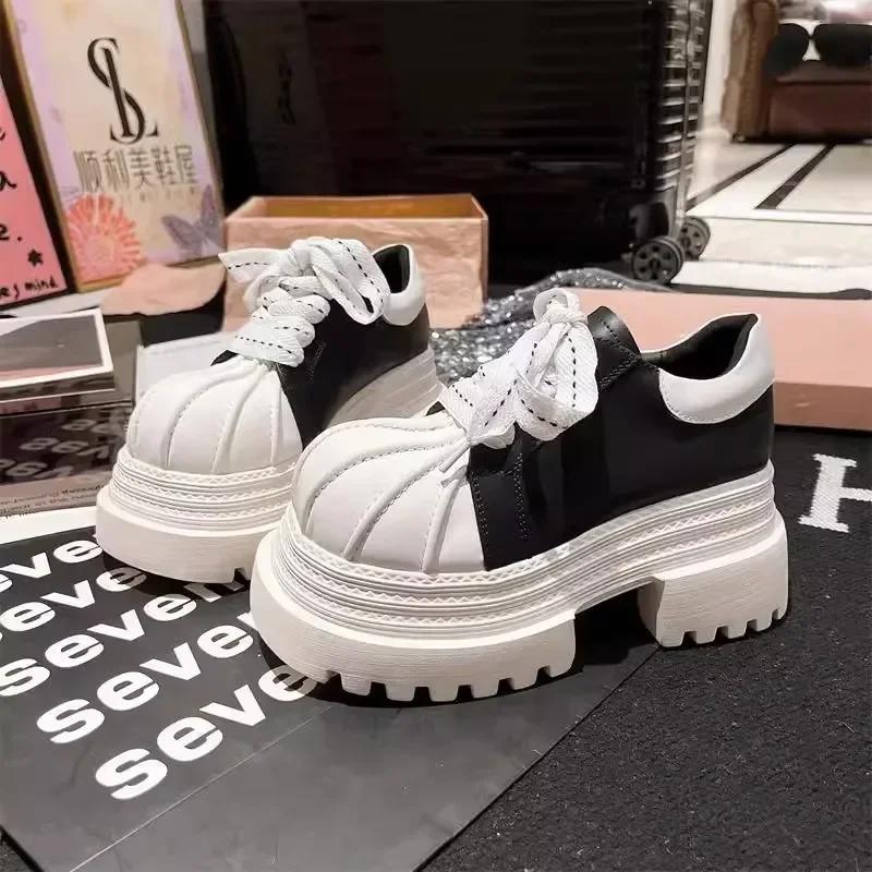10 cm Dámske Jednoduché Topánky s Hrubou Podrážkou Šnurovacie Shell Toe Hrubá Platforma Malé Kožené Topánky Osobnosť Nové Zapatillas De Mujer