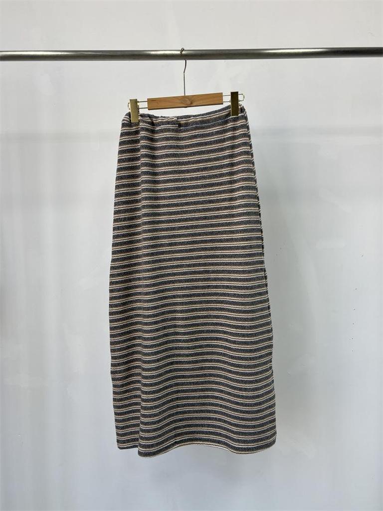2025 Autumn/Winter Women's Korean Long Tie-Waist Striped Half Brushed Skirt