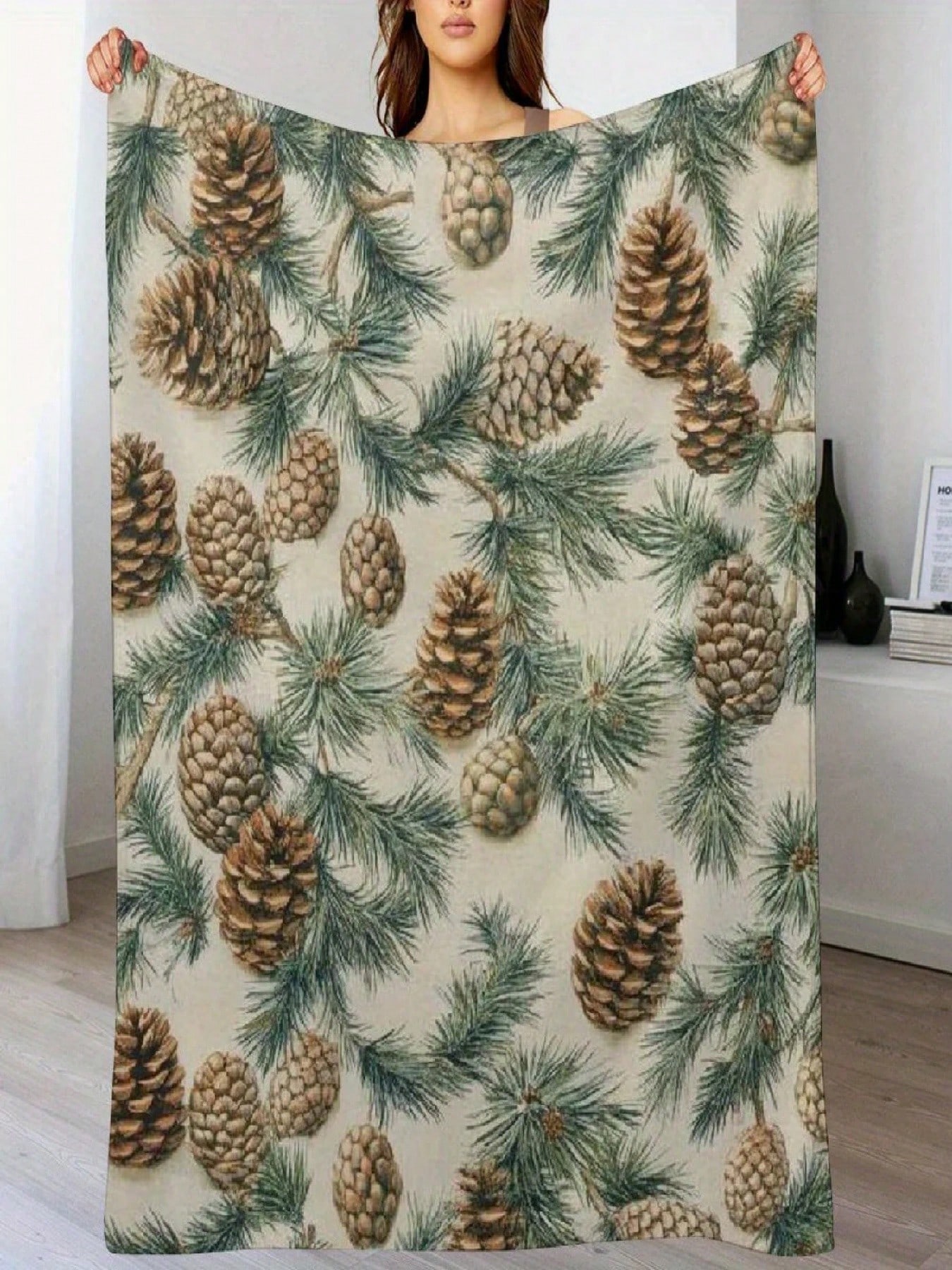 Уютный винтажный рождественский плед с рисунком из шишек и листьев - Мягкий фланелевый акцент, идеально подходит для дивана или 75X95CM