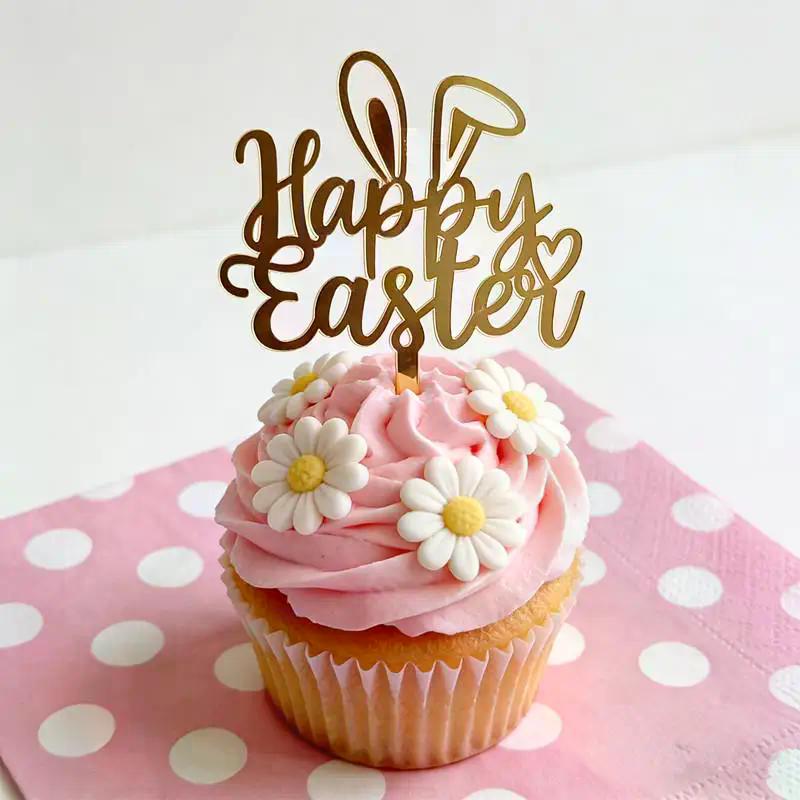 Topper de Pastel de Conejo de Pascua Feliz Coloreado Decoraciones para Postres Acrílico Dorado Toppers de Pastel para Fiesta Infantil Festival Suministros para Hornear de Pascua