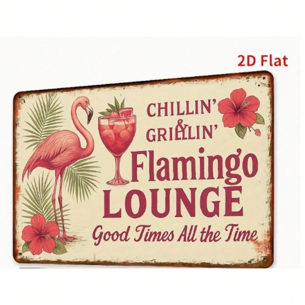 Vintage Flamingo Lounge Kovový znak, 2D tištěná tropická dekorace, Tiki bar Man Cave Retro akcent