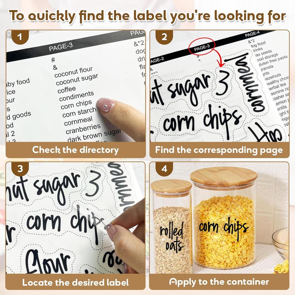 170PCS Food Pantry Labels, Kitchen Container Storage Labels Spice Organize Storage Jars Boxes Bottles Preprinted Black Script Clear Stickers - Water