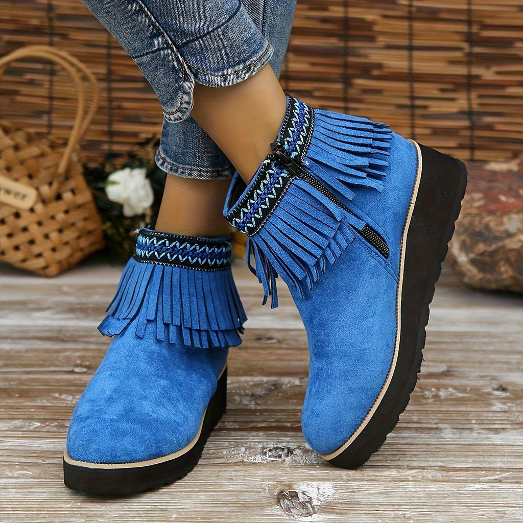 Autumn and Winter New Fringed Boots Women's Fashion Platform Small Wedge Boots Frosted Suede Round-toe Booties