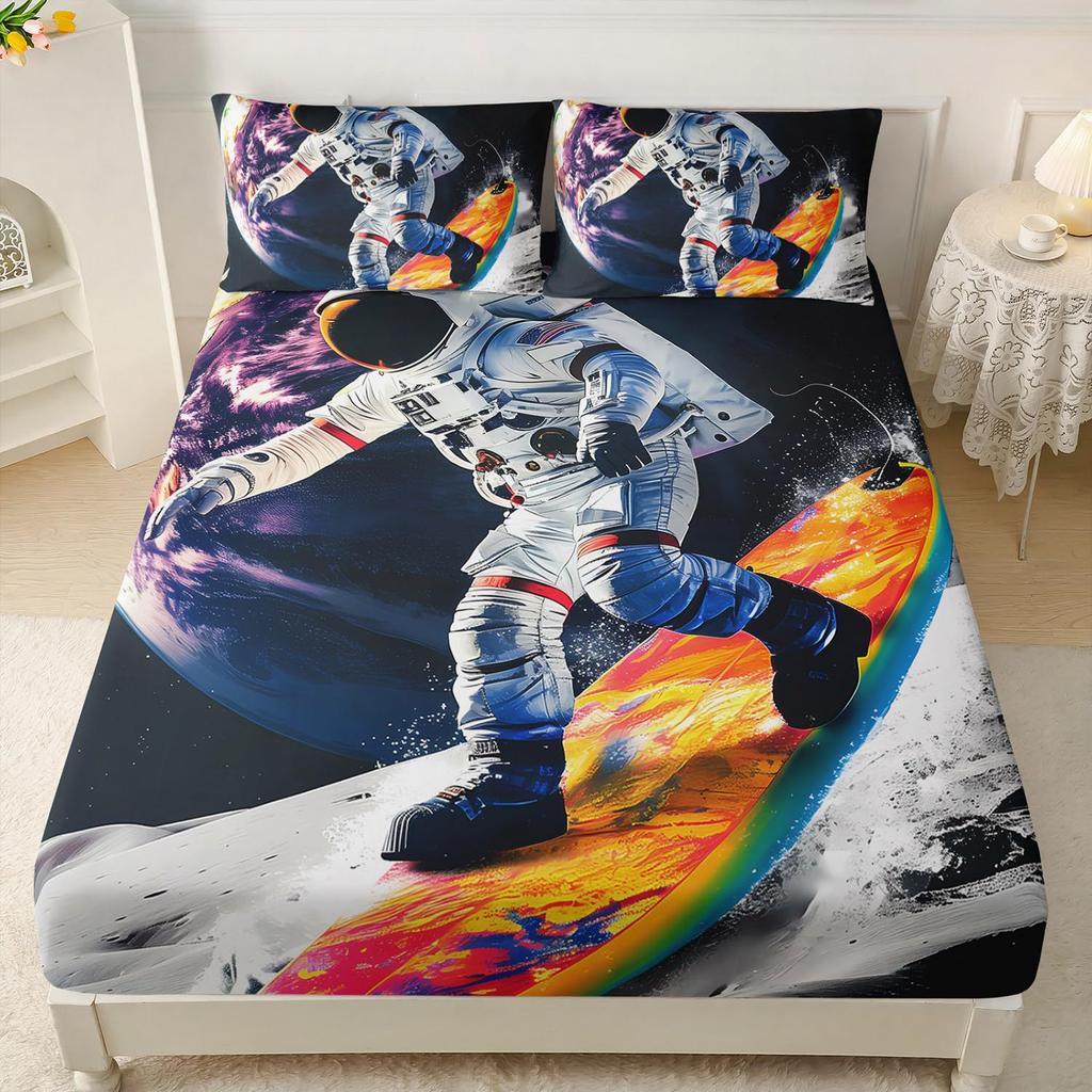 Cat Astronaut Pattern Mattress Three-Piece Digital Printing Mattress Bedding Set Adult Children