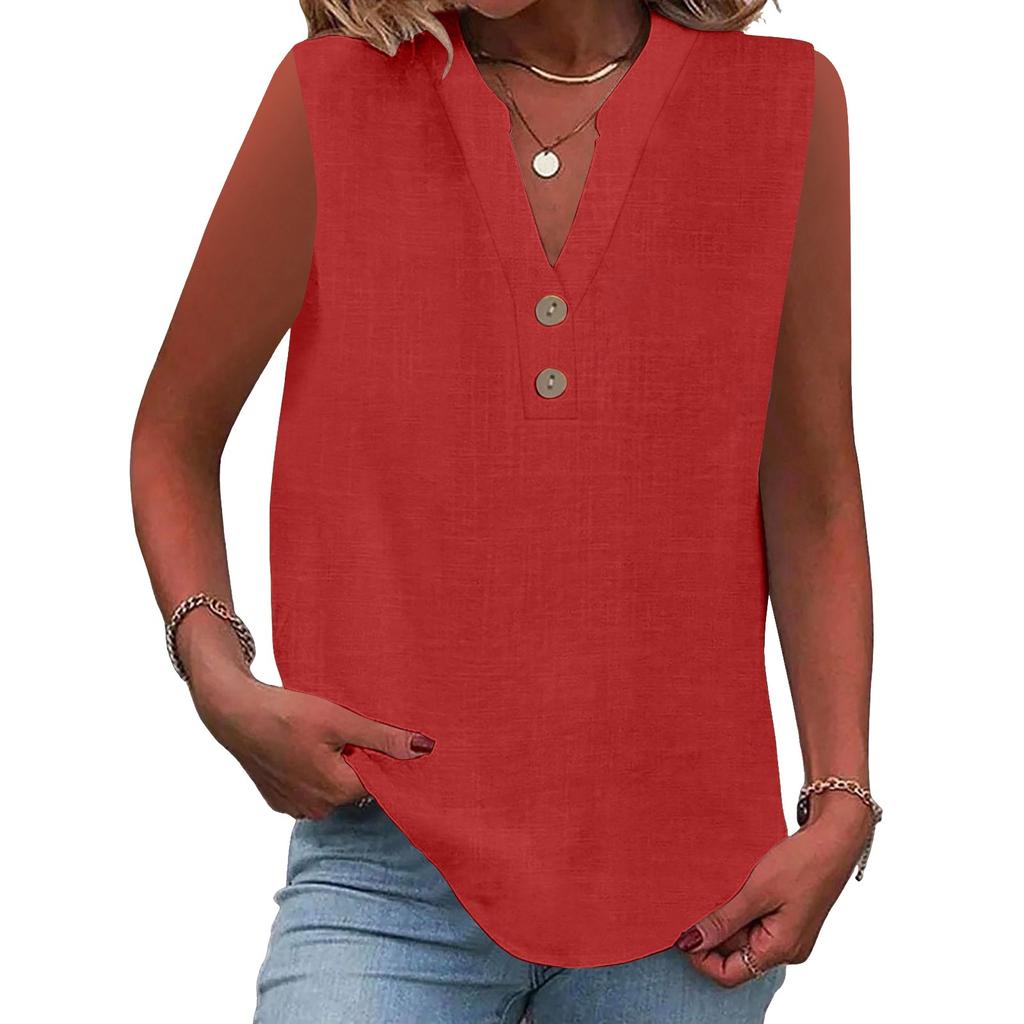 Women's Fashion Loose Standing Collar Button Cotton T-Shirt Solid Color Sleeveless Top