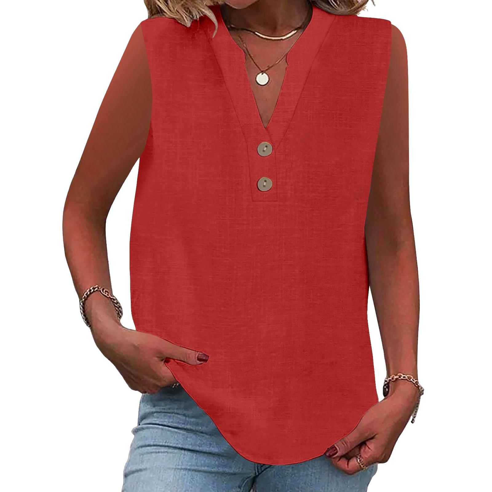 

Women s Fashion Loose Standing Collar Button Cotton T-Shirt Solid Color Sleeveless Top M червоний
