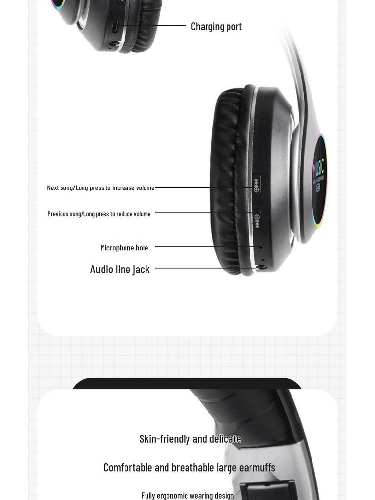 VJ033 Luminous LED Wireless Bluetooth Over-Ear Headphones with Heavy Bass