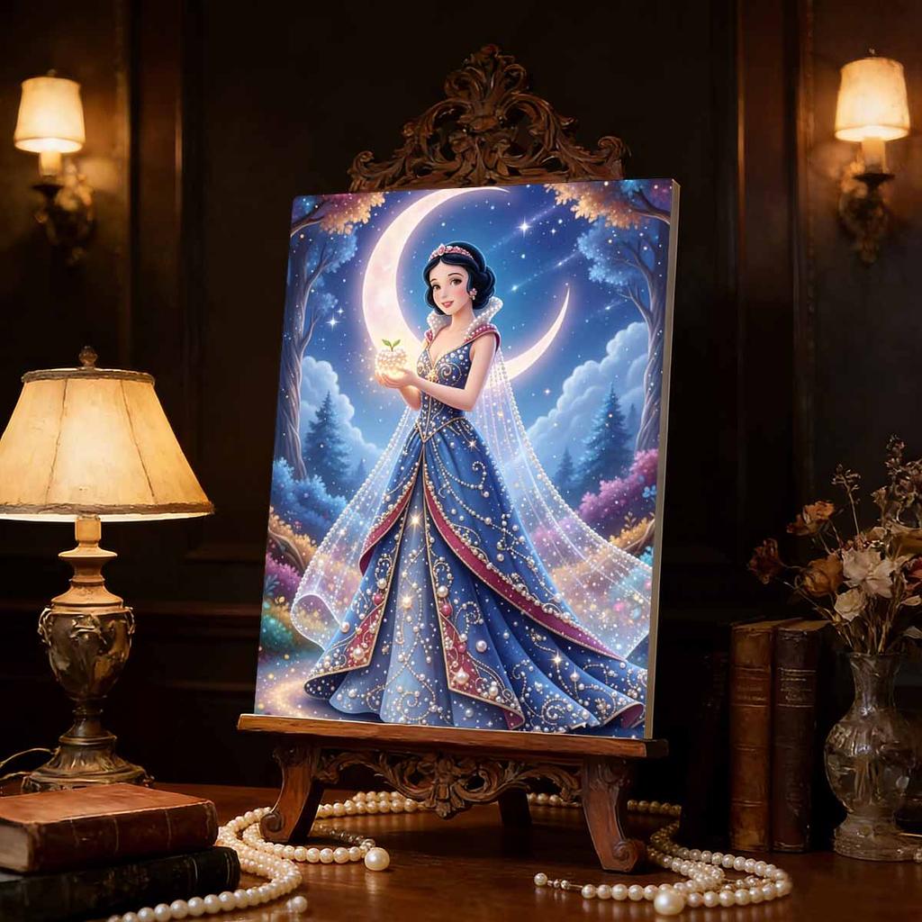 Disney Snow White Series Pearl Inlaid Frameless Art | Moon & Star Fantasy Apple Accents | Elegant Wall Decor for Adult Study & Entryway