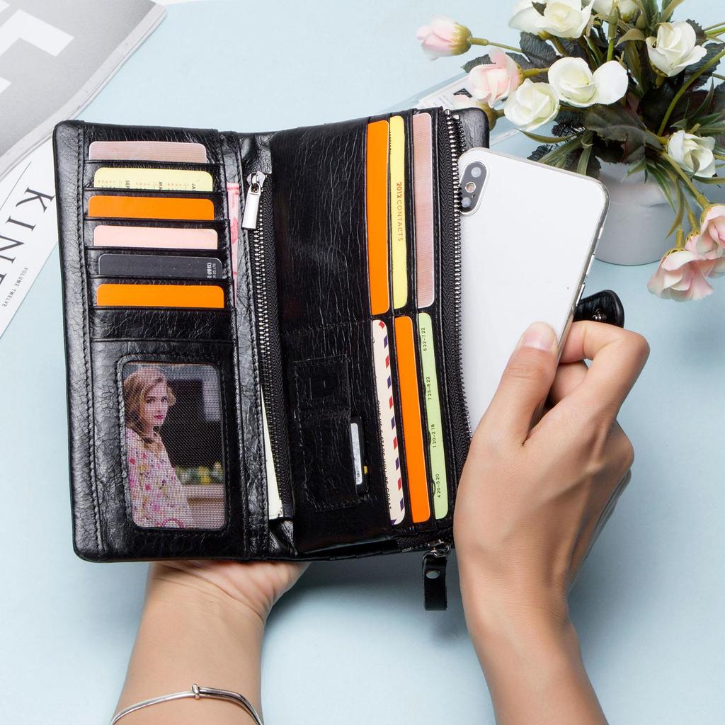 CONTACT'S Genuine Leather Men Long Wallet Phone Bag Zipper Coin Pocket Purse Male Clutch Wallet