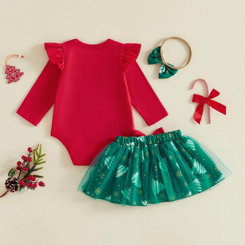 Citgeett Winter Christmas Infant Baby Girl Outfit Print Long Sleeve Romper Tulle Skirt Headband Fall Xmas Clothes