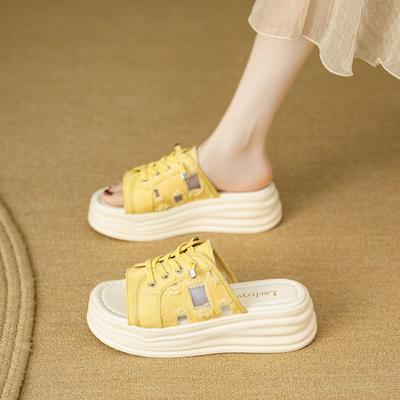 Slope Heel Women's Cool Slippers 2025 Summer New Roman Beach Slippers Platform Student Fish Mouth Canvas Women's Shoes