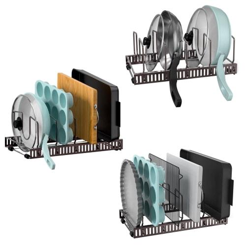 Puricon 3-Piece Frying Pan Stand Set with 15 Compartments, Adjustable Non-Slip Pads, Pot Lid and Pan Rack, Multi-Functional Kitchen Storage