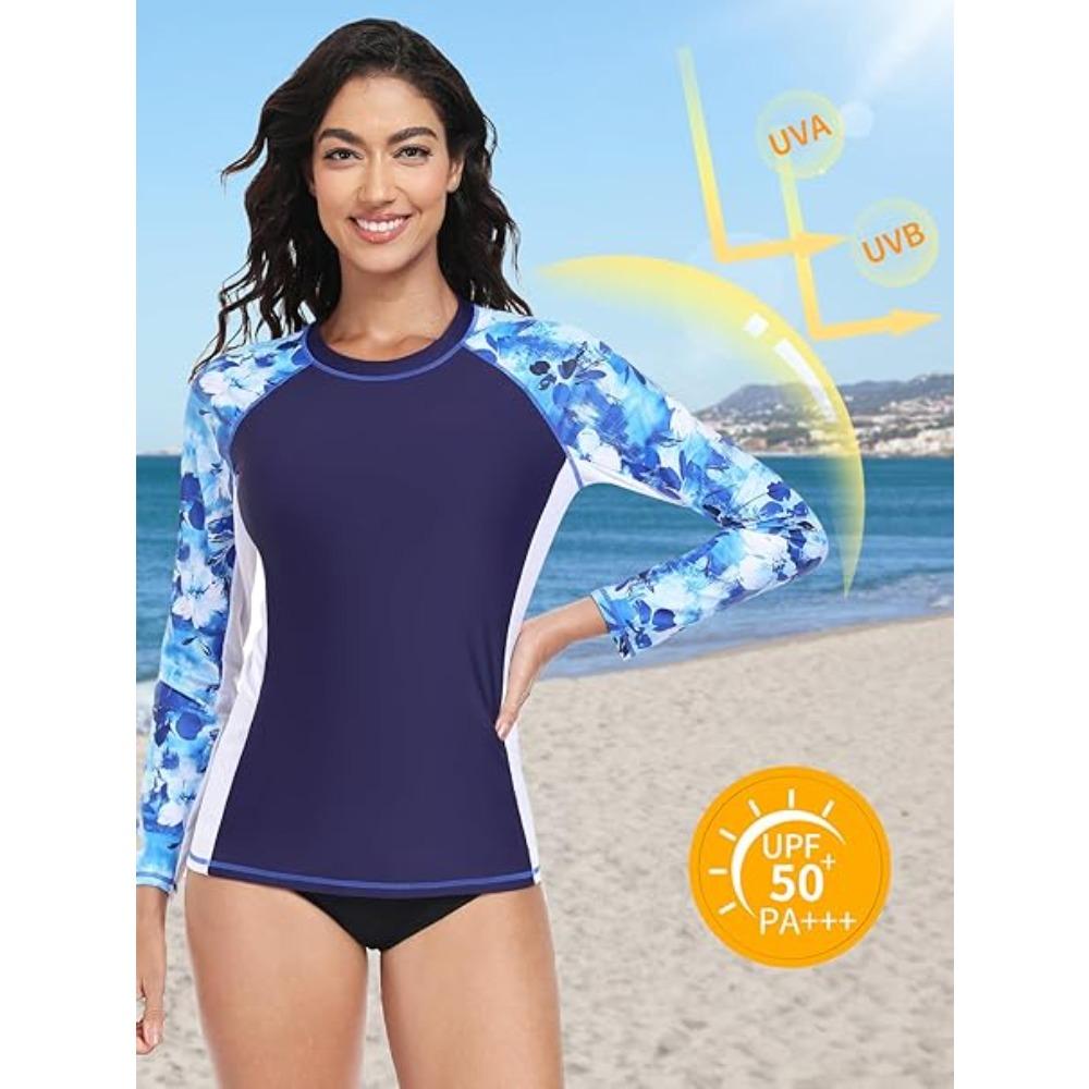 CHARMLEAKS Women Rash Vest Long Sleeve Tops Sun Protection UPF 50+ Beach Swimming Tops (No Bottom)