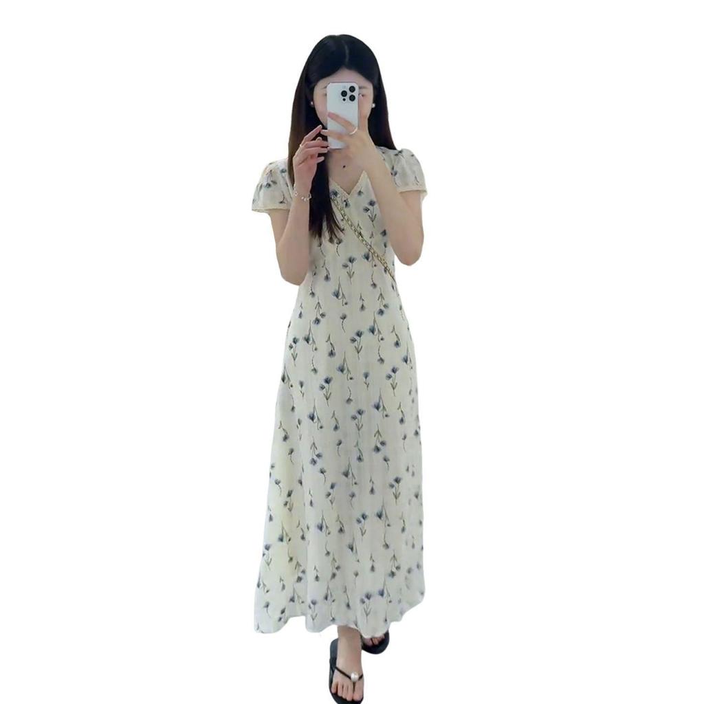 Women's French White Floral V-Neck Short-Sleeve Long Dress for Summer 2026 Beach Vacation