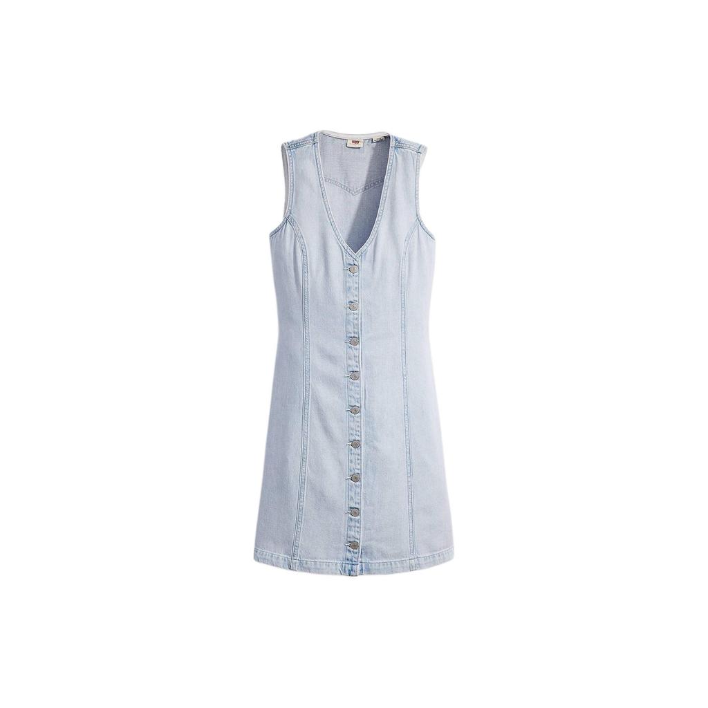 Levis Solid Color V-Neck Short Denim Sleeveless Dress Women Dresses Light-Blue A7600-0000