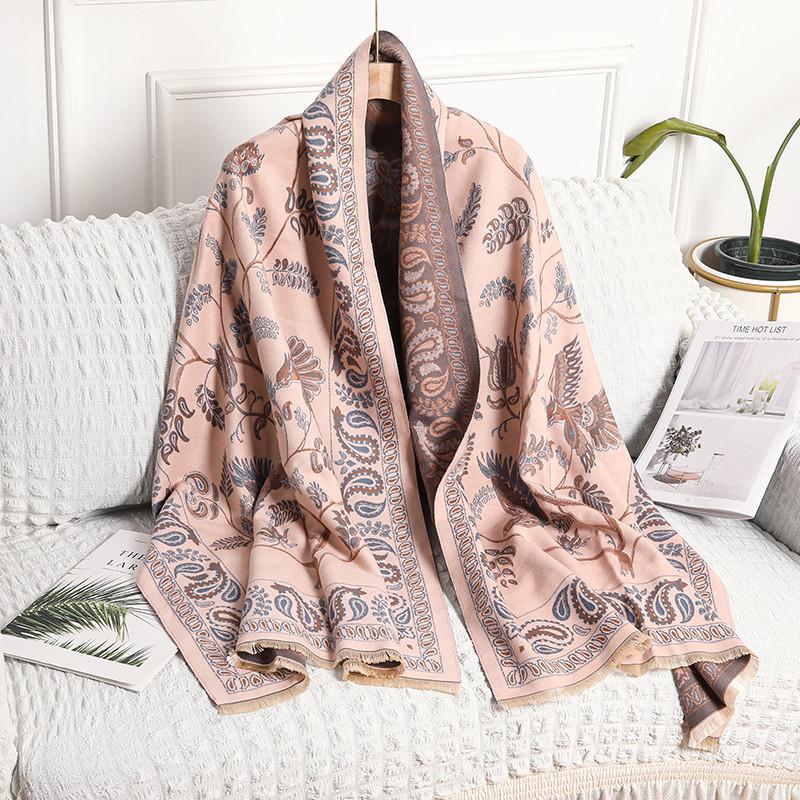 Women s Jacquard Cashmere Scarf - Bohemian Style for Autumn/Winter Warmth 190x65CM (400g) бежевый