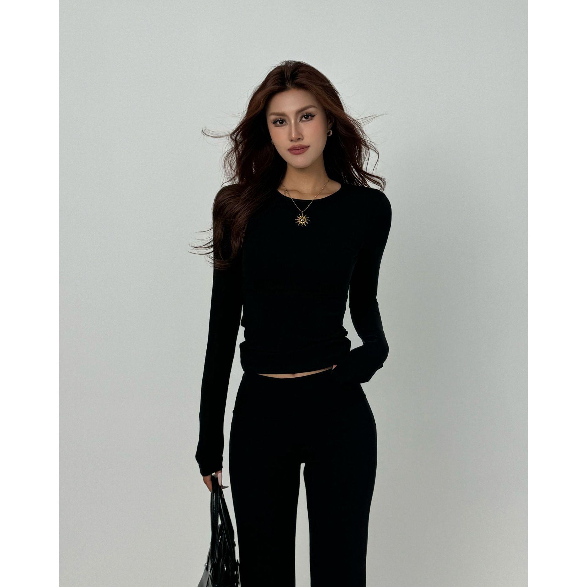 Women s 2025 Minimalist Round Neck Long Sleeve Top with Cinched Waist Extra Large чёрный