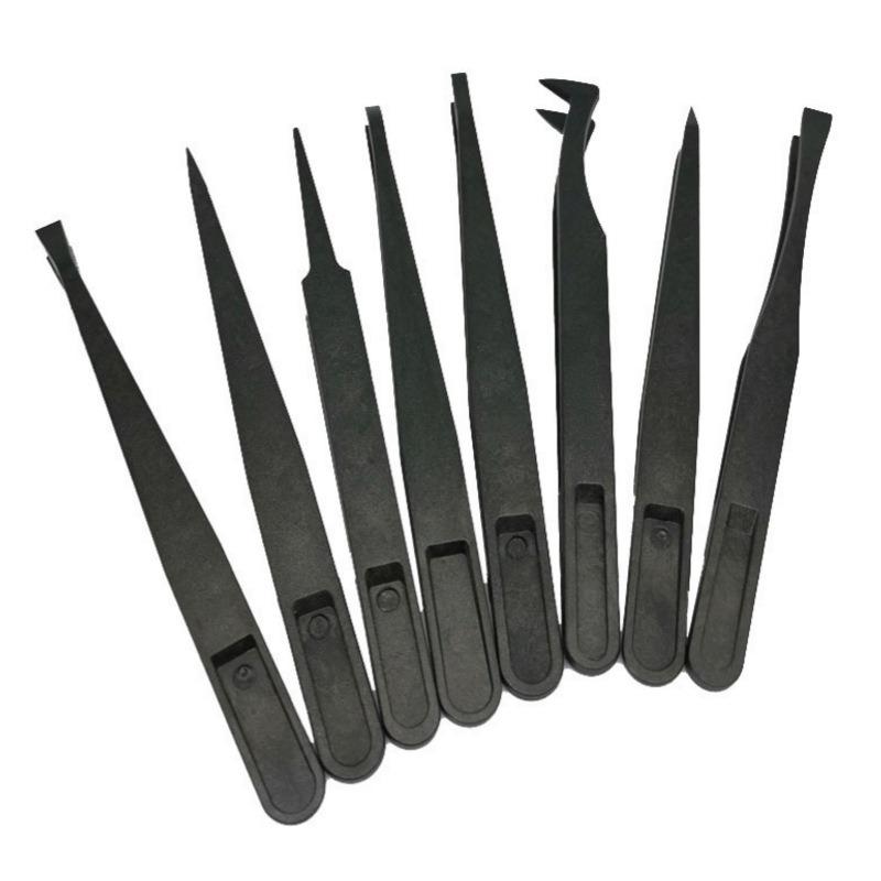 8PCS Flat Tip Anti-static Tweezer 11-12CM Black Flat Tip Plastic Antistatic Tweezers