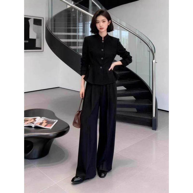 Spring and Autumn Plus-Size Women's Fashion Stand-Collar Jacket Set, Stylish Black Blazer with Wide-Leg Pants, Casual Two-Piece Set