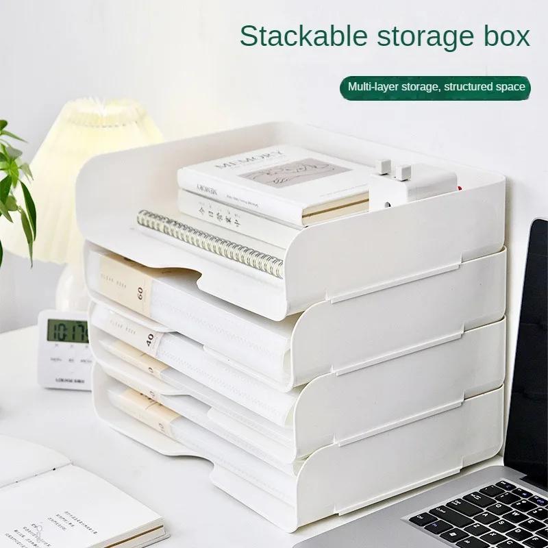 Basit Stil Çok Amaçlı Sağlam Saklama Kutusu Masaüstü Dosya Düzenleyici İstiflenebilir Saklama Tepsisi A4 Kağıt Rafı Kırtasiye Kutusu Kitaplık