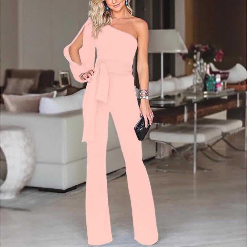 Waist Women Tied Flared Jumpsuits Fashion One Shoulder Sexy Rompers Jumpsuits