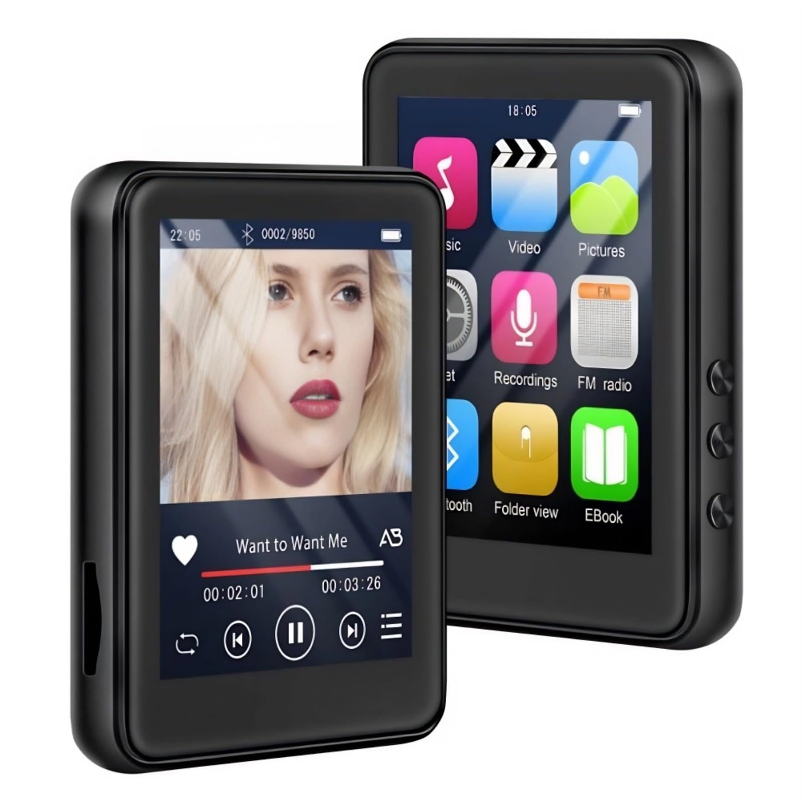 

Bluetooth MP3 HD Full Touch Screen Music Supports 256GB Memory Portable Walkman with FM and Voice Recorder Player, 2.4-inch Player, Expansion, Radio, чорний