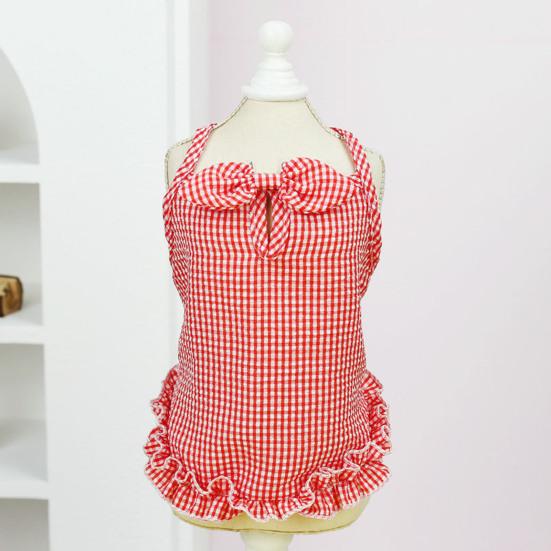 Pet Dress Comfortable Soft Square Neck Sleeveless Plaid Print Pet Puppy Dog Bowknot Dress Pet Supplies