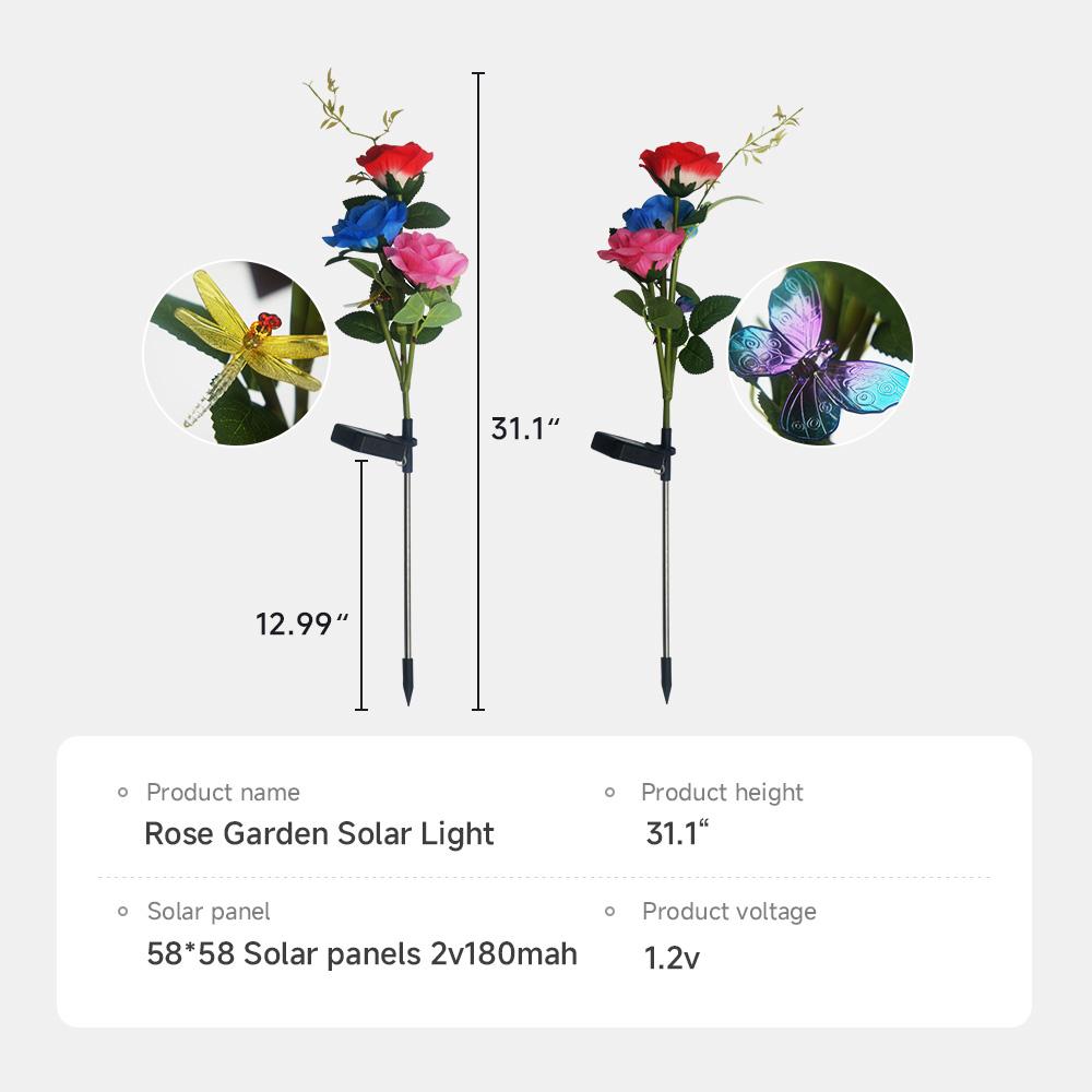 Solar Garden Lights Solar Rose Flower with Butterfly and Dragonfly Waterproof Garden Decoration for Yard Patio Stake Lamp