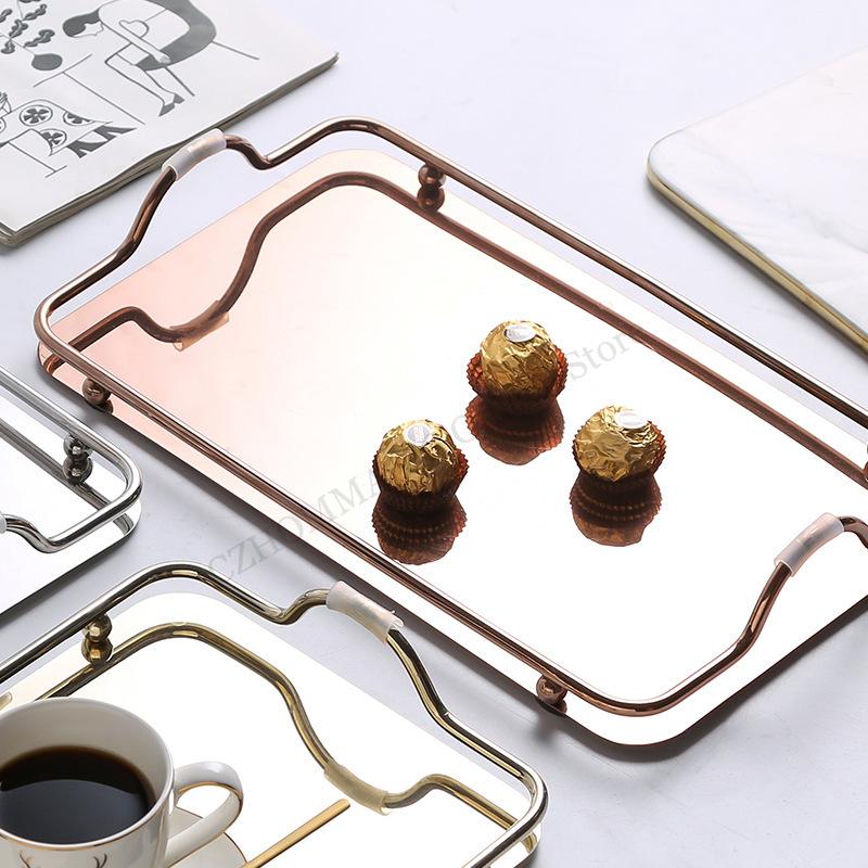 Nordic Creative Stainless Steel Tray Large Rectangle Luxury Tea Tray with Handle Tea Set Water Storage Trays Coffee Table Decor