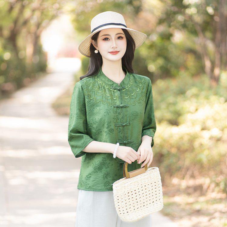 Chic Camicia Retro a Sette Maniche Stile Cinese