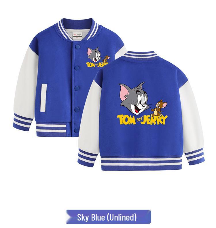 Tom and Jerry Thickened Boys' Baseball Jackets - Velvet Lined, Spring/Autumn Casual Wear