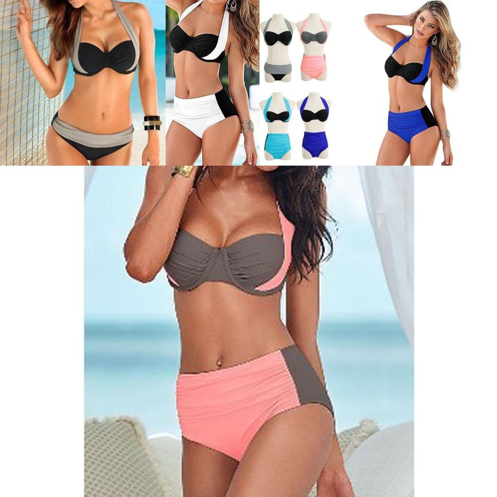 Set Women Bikini Contrast Block Halter Top High Waist Bottom Swimwear Beach