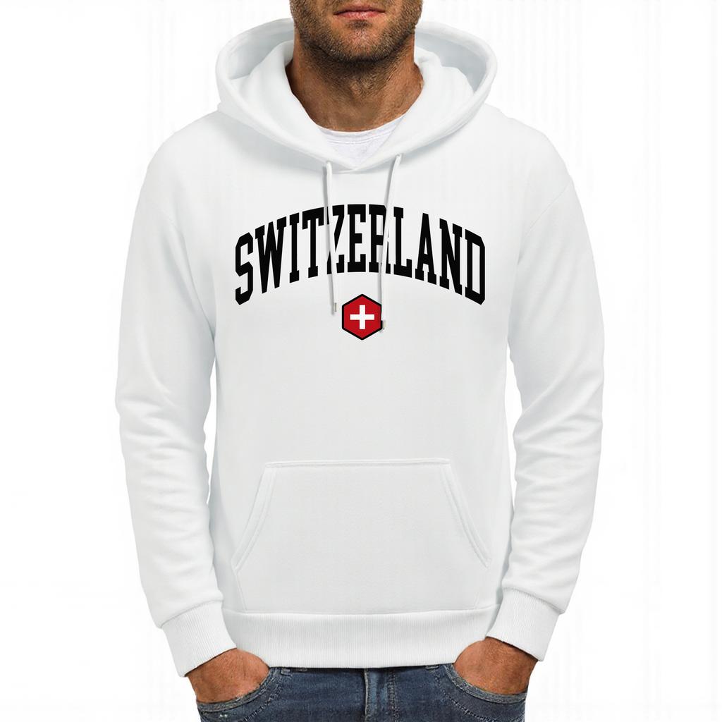 Kapuzenpullover mit Schweizer Kreuzprint für Herren, Hip-Hop-Fleece-Hoodie, lässiger Oversized-Pullover, bequemer Sportpullover mit Taschen