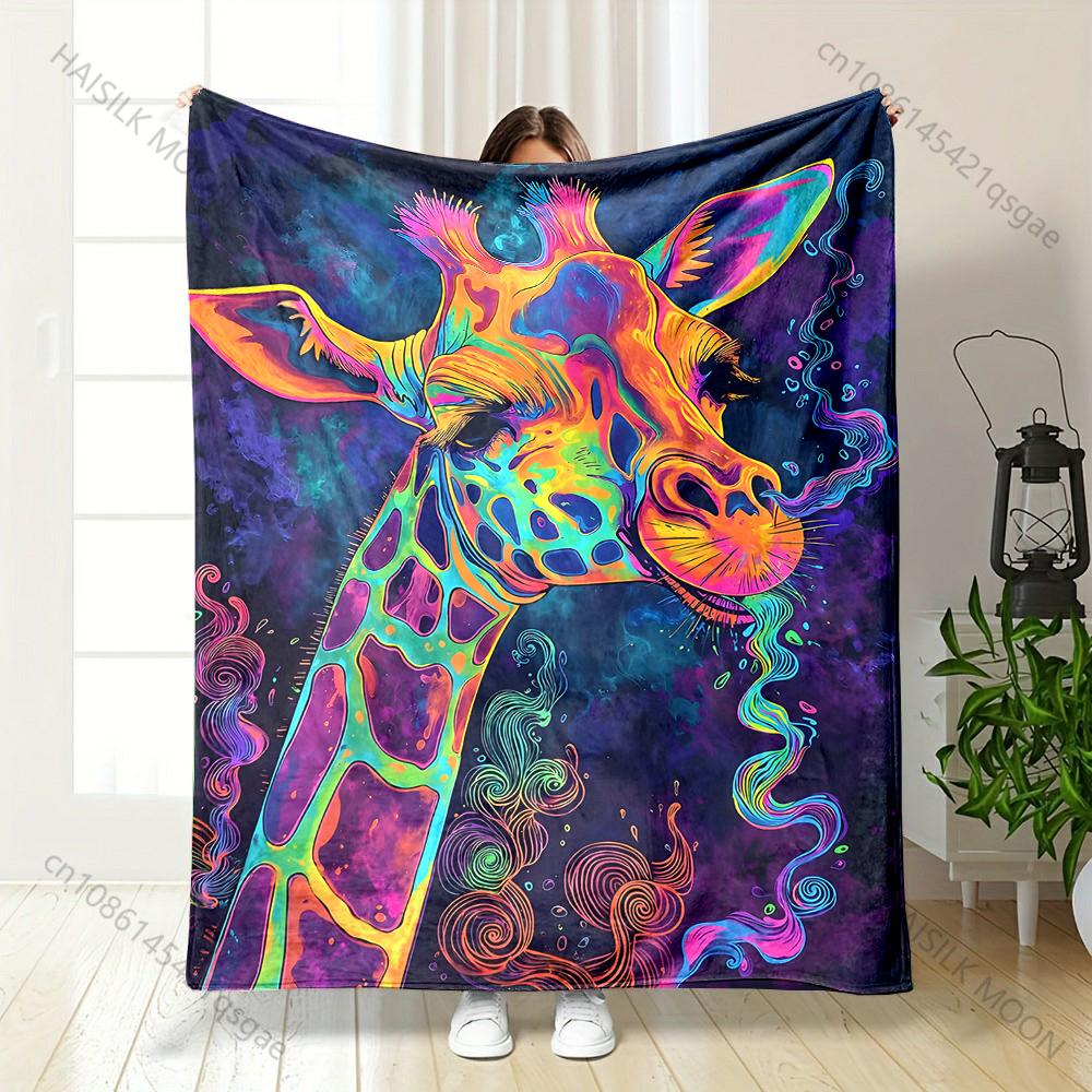 1Pc Colorful Giraffe Psychedelic Art Printed Blanket All Seasons Multi-Purpose Blanket Suitable For Sofa, Camping, Travel, Car