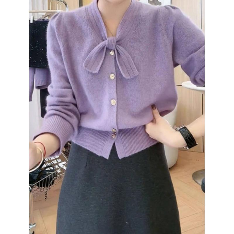 Spring new simple and versatile knitted cardigan solid color top bow design sense long sleeve sweater jacket